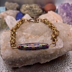 3.1.26-27 Vintage Goldtone Byzantine Toggle Clasp Bracelet Floral Cloisonné RARE